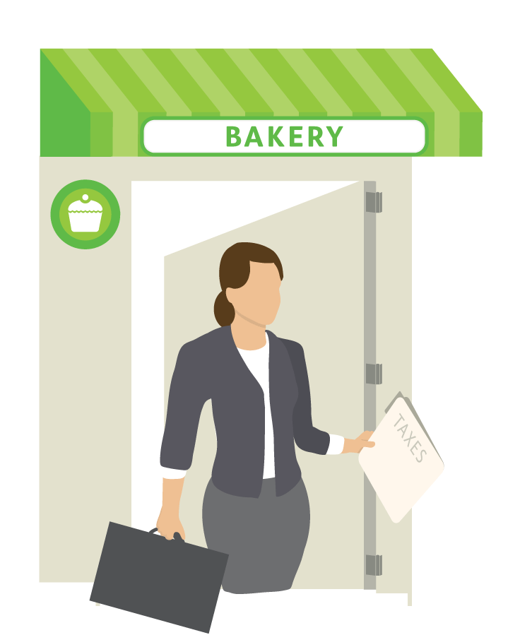 Women walking out bakery with briefcase